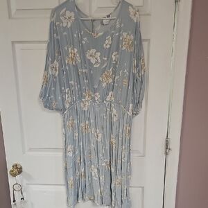Honeyme Blue Midi Sundress with V-Neck and Bishop Sleeves